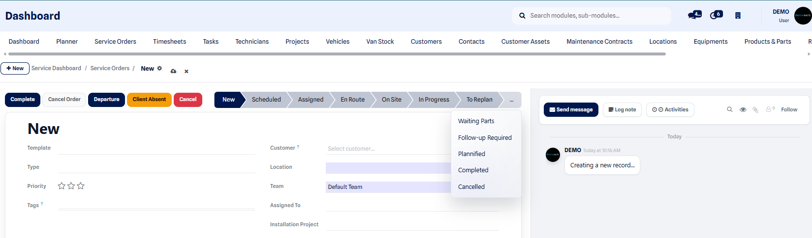 Service order stages on the status bar