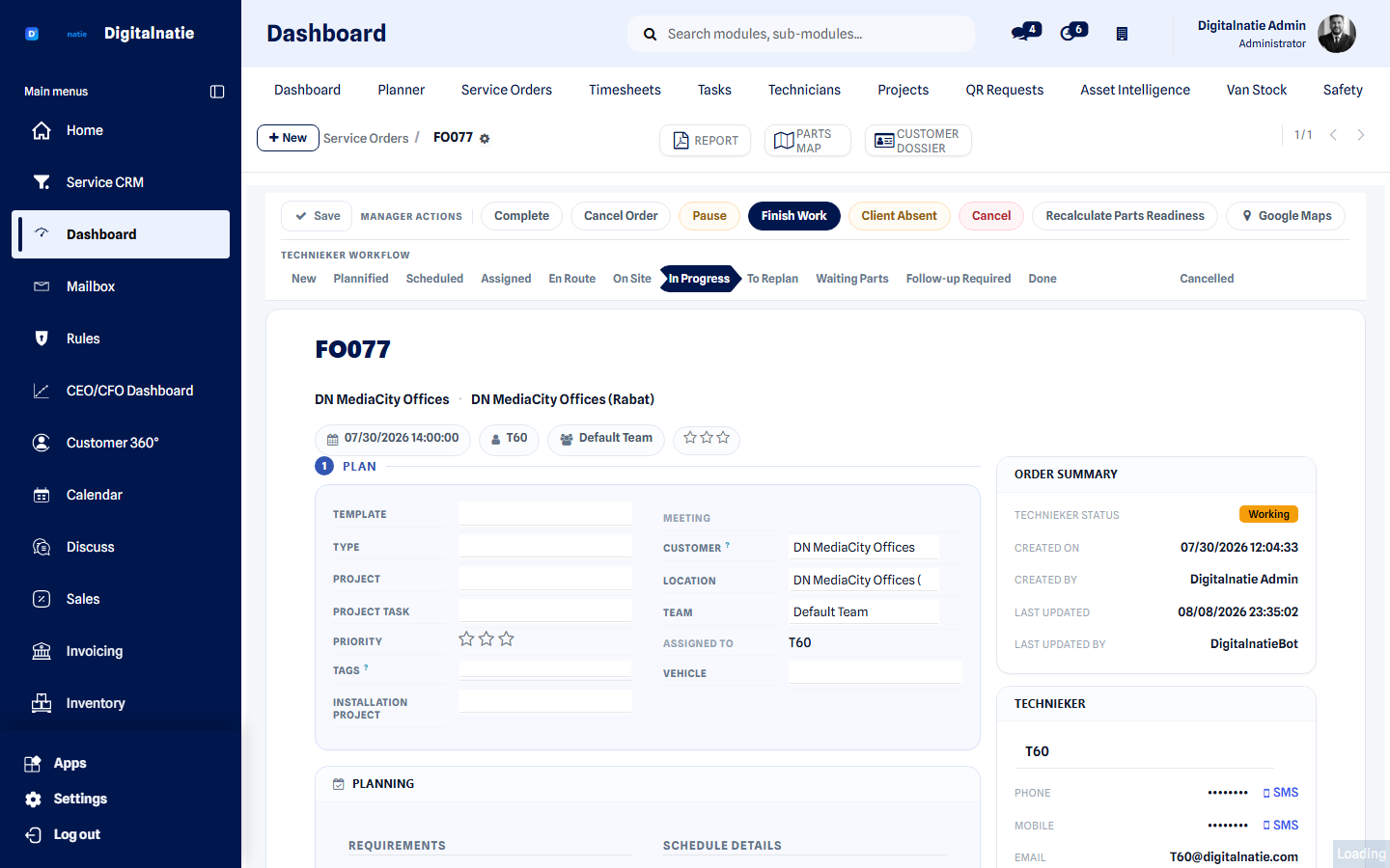 The redesigned service order screen